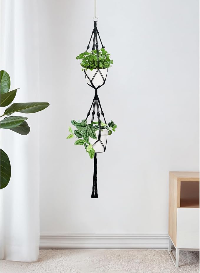 Belit 2 Pack Double Macrame Plant Hangers 2 Tier Hanging Planter Basket - Image 4