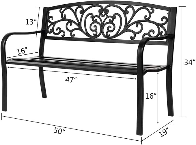 50in Outdoor Garden Park Bench, Outdoor Metal Porch Benches, Weatherproof Patio - Image 3