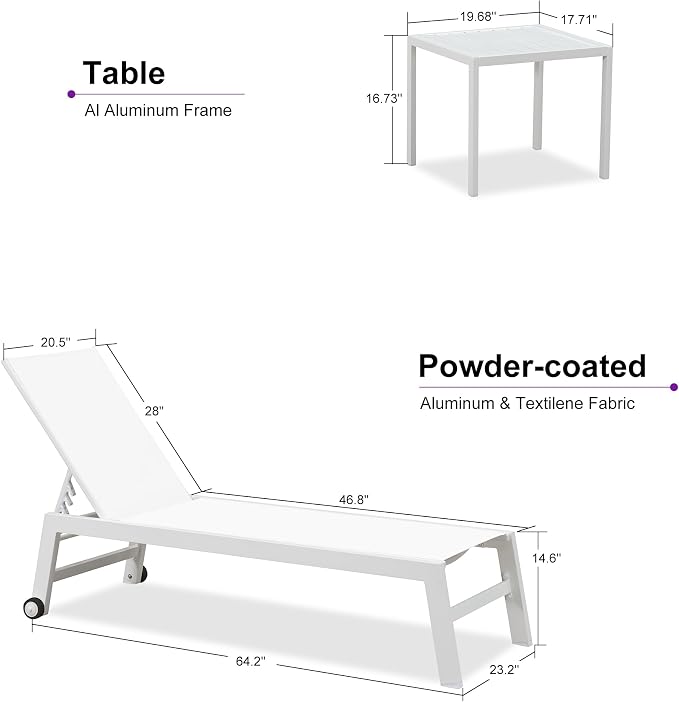 PURPLE LEAF Patio Lounge Chair 2 Pieces White Aluminum Outdoor Chaise Lounge - Image 2