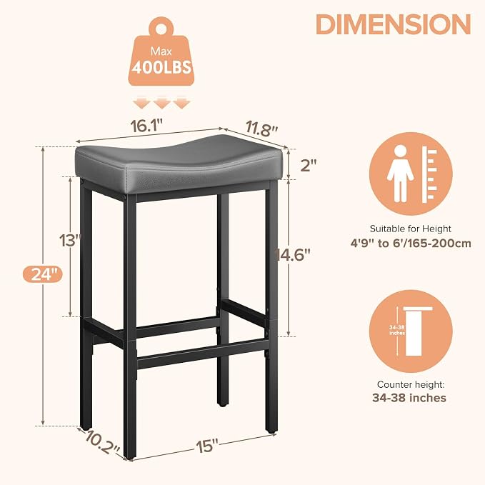 24 Inch Counter Height Bar Stools Set of 2, Compact Counter Stools - Image 2