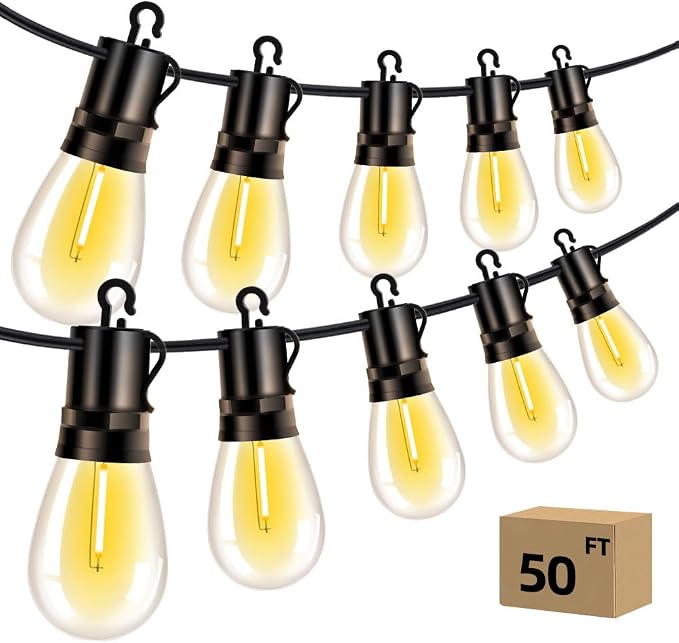Outdoor Patio String Lights 50ft: S14 LED Shatterproof Bulbs 3 Modes Button by Vozuji