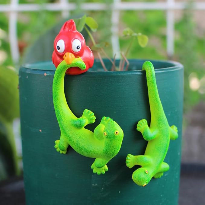 Set of 2 Funny Bird Catching Gecko Figurines Flower Pot and Vase Hugger - Image 3