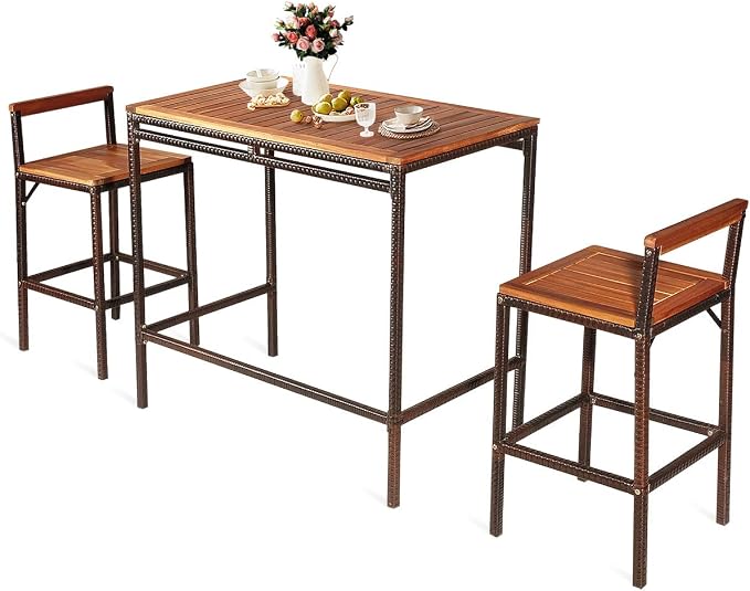HAPPYGRILL 3 Pieces Outdoor Wicker Rattan Bar Set, Acacia Wood Patio Dining - Image 9