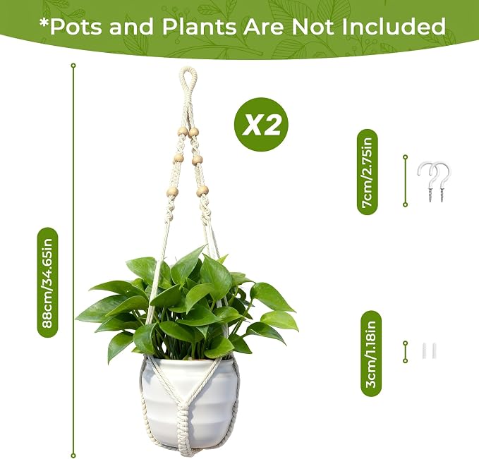 Macrame Plant Hanger, Wood Beads Cotton Hanging Planter Holder - Image 5