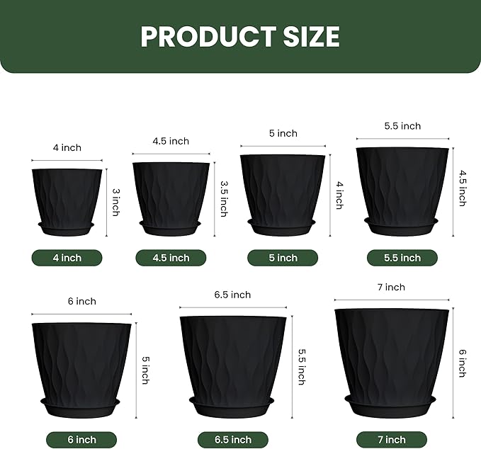 7/6.5/6/5.5/5/4.5/4 inch Plastic Plant Pots, 7 Pack Flower Planter - Image 2