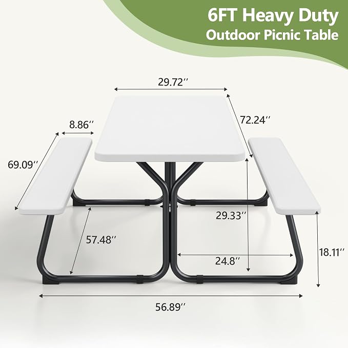 Picnic Table, 6 FT Outdoor Picnic Table - Image 3