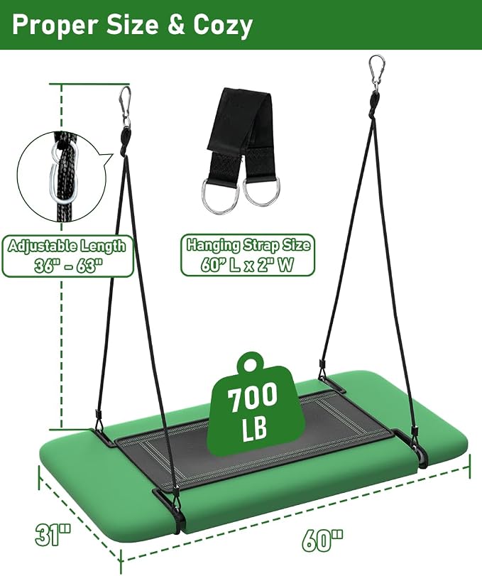 60" Retangular Tree Swing for Kids & Adults, Adjustable Platform Swing - Image 3
