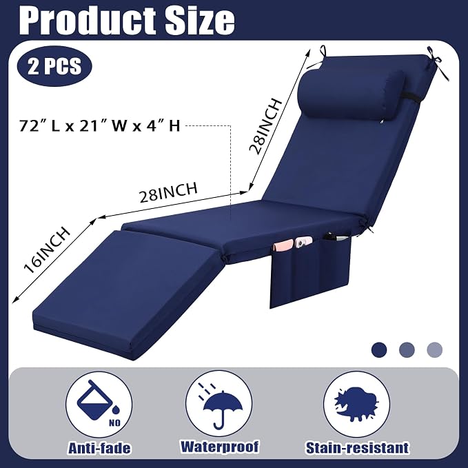 RattanView 2 Pcs Outdoor Chaise Lounge Cushion - Image 3