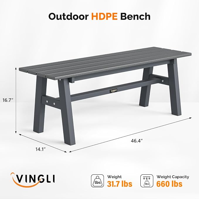 VINGLI 47” Outdoor Bench Garden Bench HDPE Porch Bench w/Metal Legs, Poly - Image 3