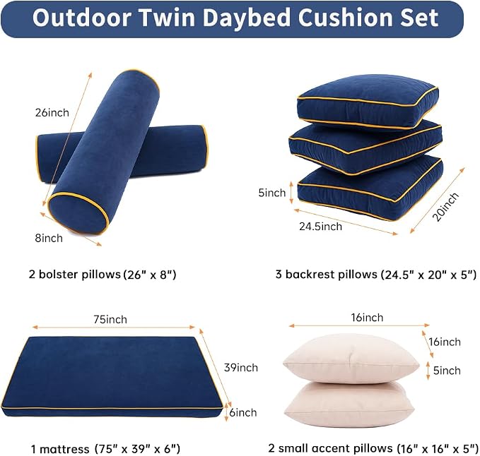Outdoor Twin Daybed Cushion Set, 8-Piece Patio Swing Bed Mattress - Image 4