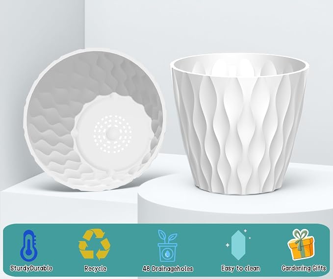6 Pack 7 Inch Plant Pots with Drainage and Saucers, Stackable Nursery Planters - Image 3