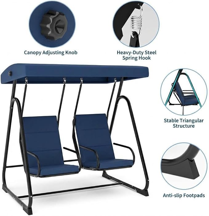 2 Person Porch Swing Chair, Heavy Duty Outdoor Patio Swing Glider - Image 3