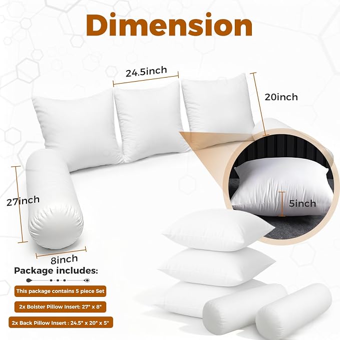 Twin Size Bolster & Back Pillow Inserts Replacement Set - Image 2