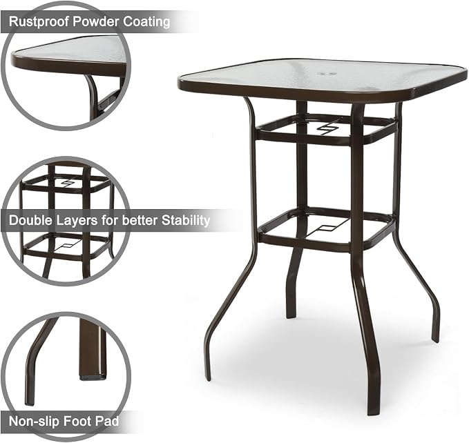 VINGLI Outdoor Bar Table with Umbrella Hole, Metal Patio Bar Height Pub Table - Image 4