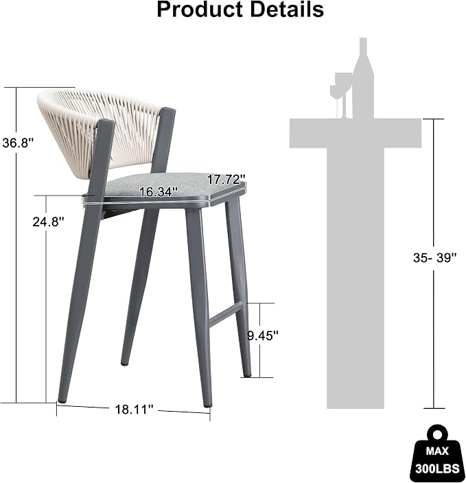 PURPLE LEAF Counter Height Bar Stool Set of 2 Patio Bar Stools Modern Bar - Image 3