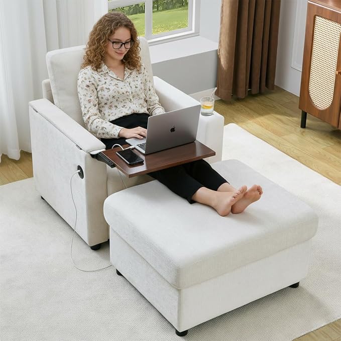 Modern Accent Chairs with Storage Ottoman Set, Comfy Chenille Reading Armchair - Image 7