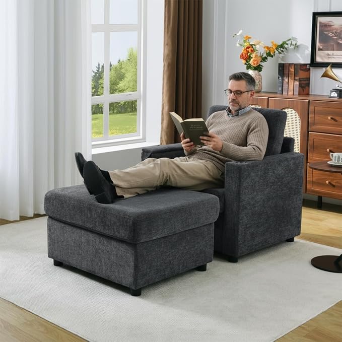 Modern Accent Chairs with Storage Ottoman, Chenille Reading Armchair with Tray - Image 7