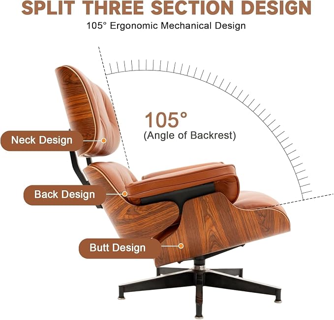 Top Grain Leather, Mid Century Chaise Lounge Chair and Ottoman, Modern Chair - Image 5
