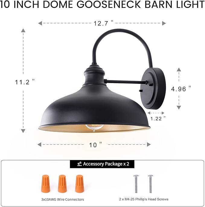 10" Dome Barn Lights for Farmhouse, Matte Black Gooseneck Outdoor Light Fixture - Image 6
