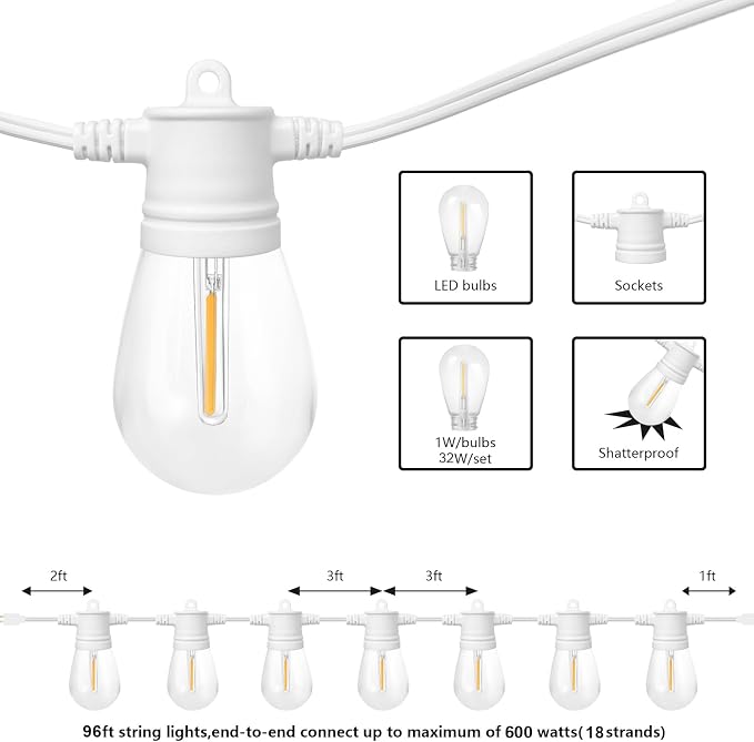 SUNTHIN White Outdoor String Lights, 96FT White Patio Lights - Image 2