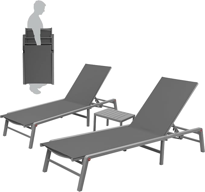 Kozyard 3-Pieces Patio Lounge Set, 2 Foldable Adjustable Lounge Chairs and Side - Image 3