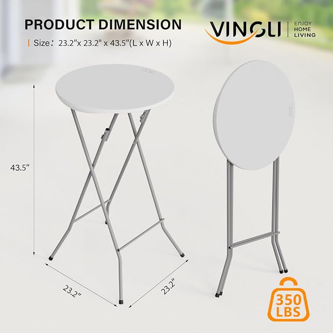 VINGLI 24" Plastic Folding Round Table Bar Height, HDPE Matrial - Image 3