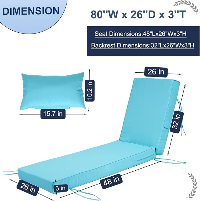 Outdoor Chaise Lounge Cushions Set of 2, Waterproof Fade Resistant Patio - Image 2