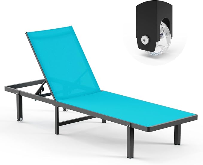 Lounge Chair Outdoor with Wheels, Aluminum Patio Chaise Lounge Chair with 5 by Oasbira