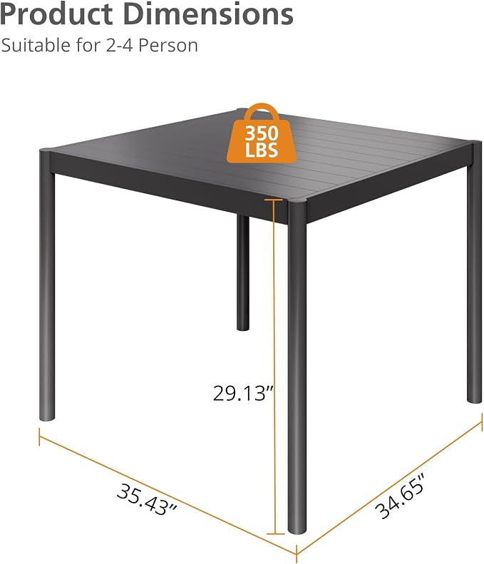 Aluminum Patio Dining Table for 2-4 Person, 34 in x 36 in Rectangle Outdoor - Image 2