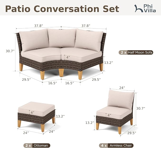 PHI VILLA 8-Piece Half-Moon Patio Furniture Set, Outdoor Wicker Sectional Sofa - Image 2