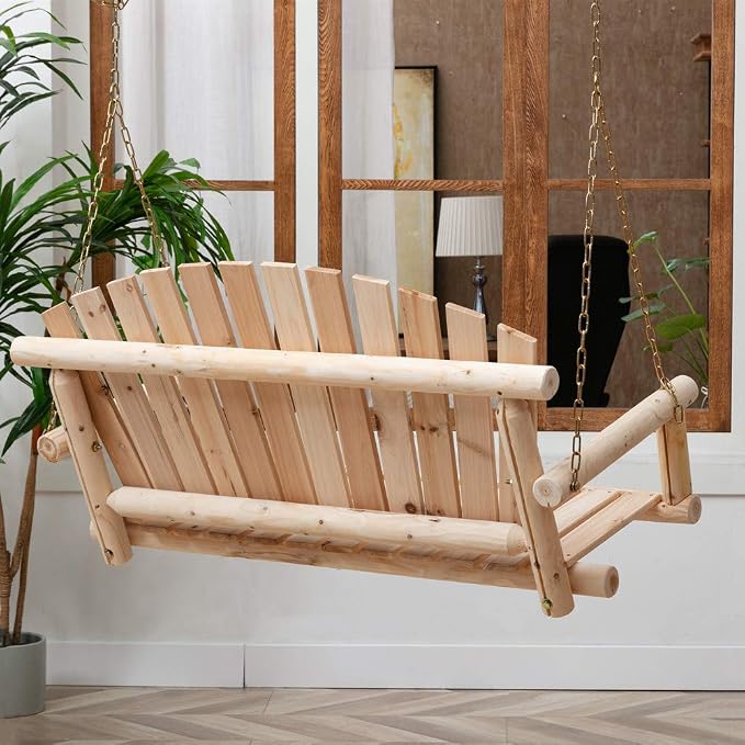 Wooden Porch Swing Outdoor Bench Swing Chair 2-Seater W/Hanging Chains - Image 3