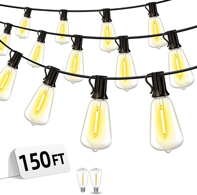 Outdoor Patio String Lights 150ft: ST38 LED Shatterproof Bulbs 3 Modes Button by Vozuji