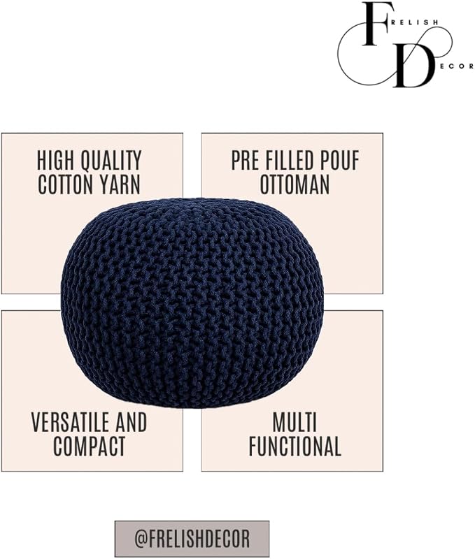 FRELISH DECOR Round Pouf Ottoman Hand Knitted 100% Cotton Pouf Foot Stool - Image 4