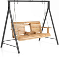 Tangkula Porch Swing with Stand, Wood Hanging Patio Swing with 2 Cupholder & by TANGKULA