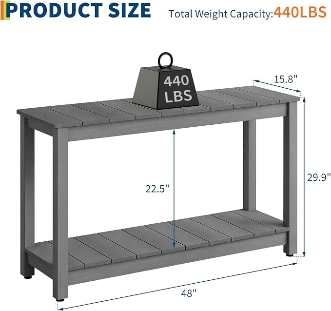 GarveeLife 48 Inch Outdoor Console Table, Wood All-Weather Side Table, 2-Tier - Image 2