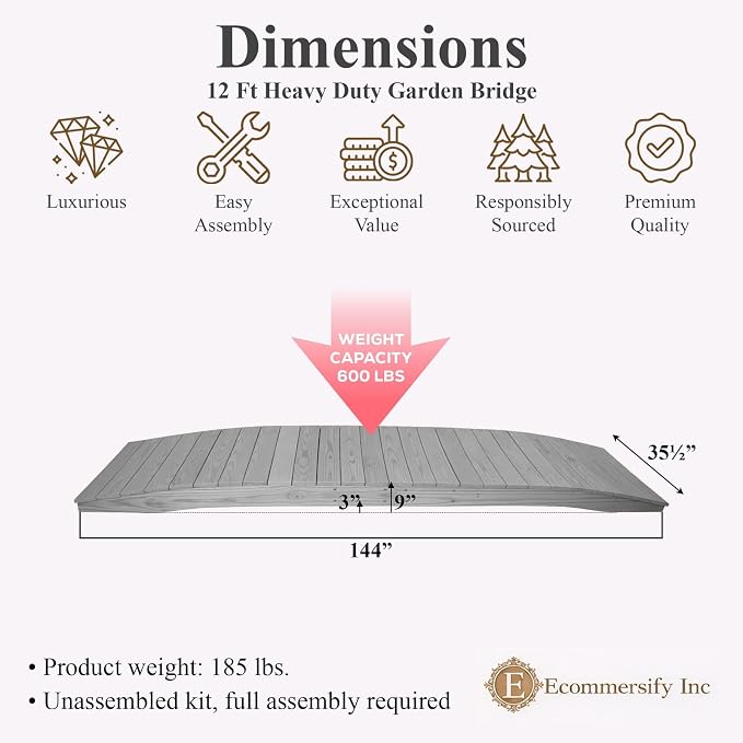 12 FT Grey Amish Made Pinewood Heavy Duty Garden Bridge - Image 2