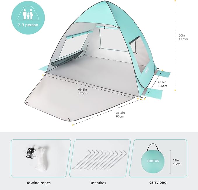 TOBTOS UPF 50+ Pop Up Beach Tent, Easy Set Up Beach Umbrella, Sun Shelter - Image 2