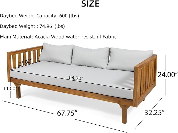 Merax Solid Acacia Wood Couch Chaise Lounge Chair Indoor, 3 Seater Daybed Sofa - Image 2
