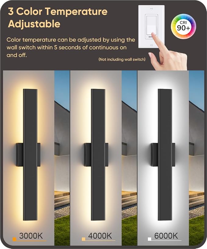 Aipsun 2 Packs LED Outdoor Wall Lights, 3000K 4000K 6000K, 23.6in Modern Black - Image 4