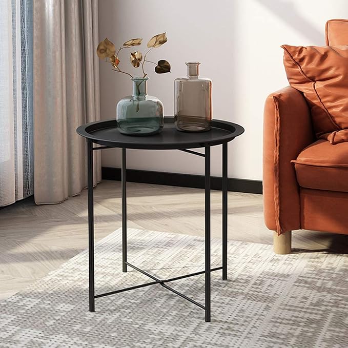 VECELO Side/End Table, Folding Round Metal Anti-Rust and Waterproof Outdoor or - Image 2