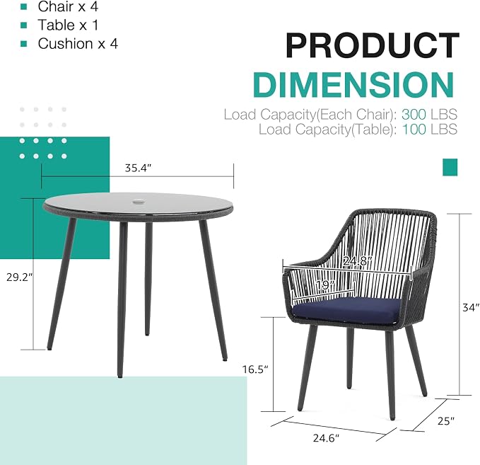 Patiorama 5-Piece Patio Dining Set, Outdoor Dining Table Chair Set, All-Weather - Image 3