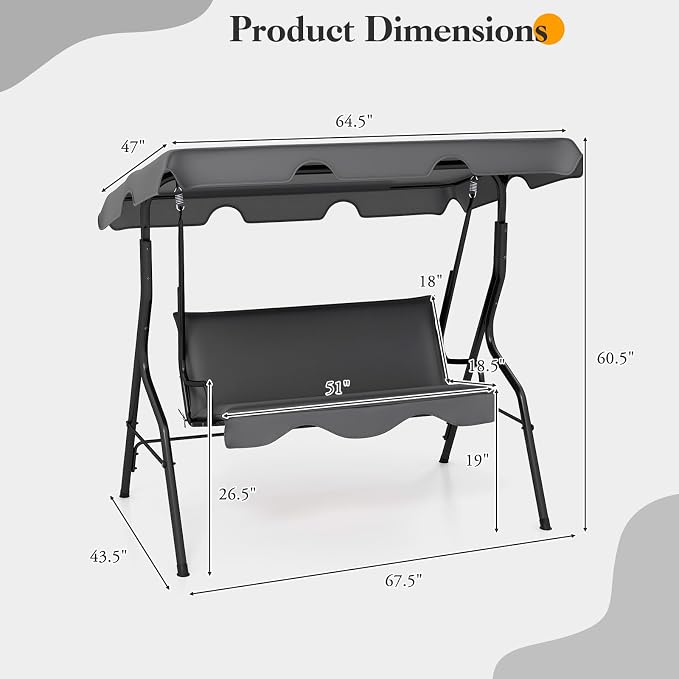 Porch Swing Outdoor, 3 Person Patio Swing w/Removable Cushion, Stand & - Image 8