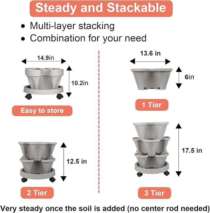 GameXcel Vertical Planter 3 Tier Stackable Planters Garden Planters Strawberry - Image 7
