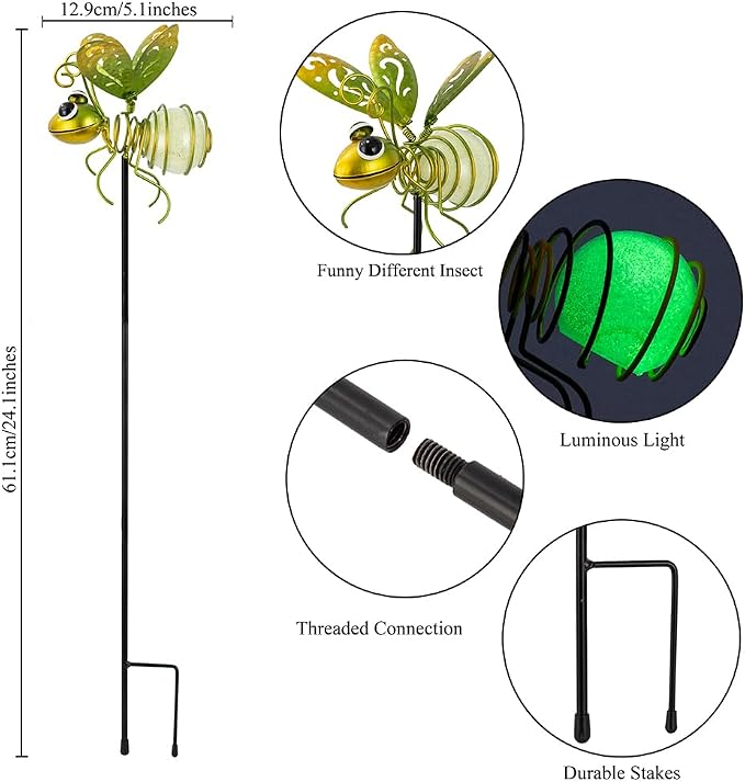 Garden Decor for Outside, Glow in The Dark Bee Lights Metal Yard Art, - Image 3