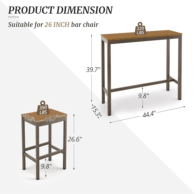 Outdoor Bar Height Table and Chairs Set, 3 Piece Patio Pub Bar Set - Image 3