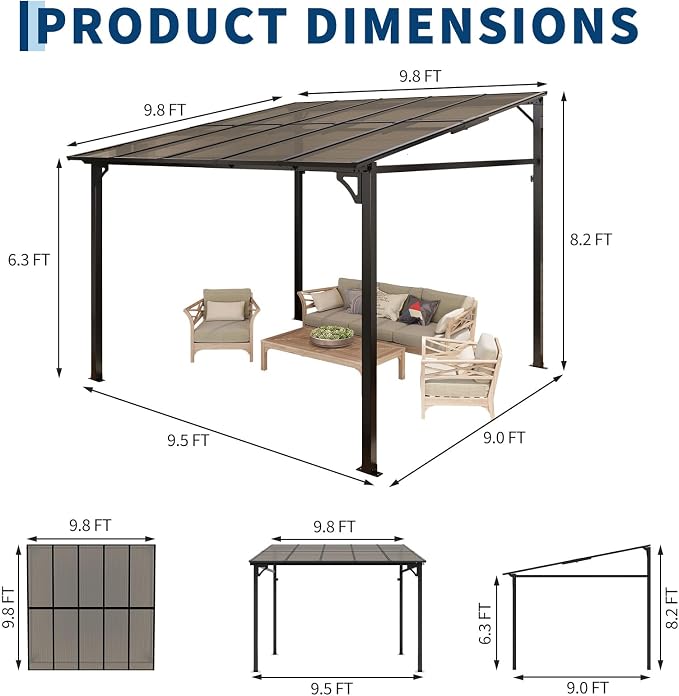 Garvee 10x10 ft Outdoor Lean to Gazebo, Wall Mounted Patio Hardtop Gazebo - Image 6