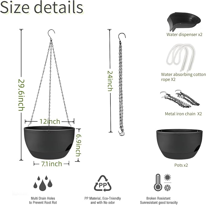 2 Pack Hanging Planters for Indoor Outdoor Plants, 12 Inch Self Watering - Image 3