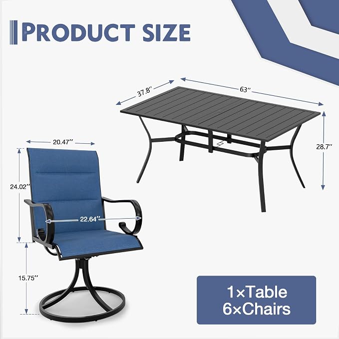 MELLCOM 7 Pieces Outdoor Dining Set, 6 Swivel Rocker Chairs - Image 2