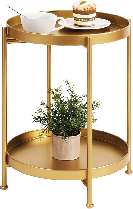 Tiita Round End Table Mental 2-Tier Side Table Nightstand/Small Iron Tables by TiitaHome
