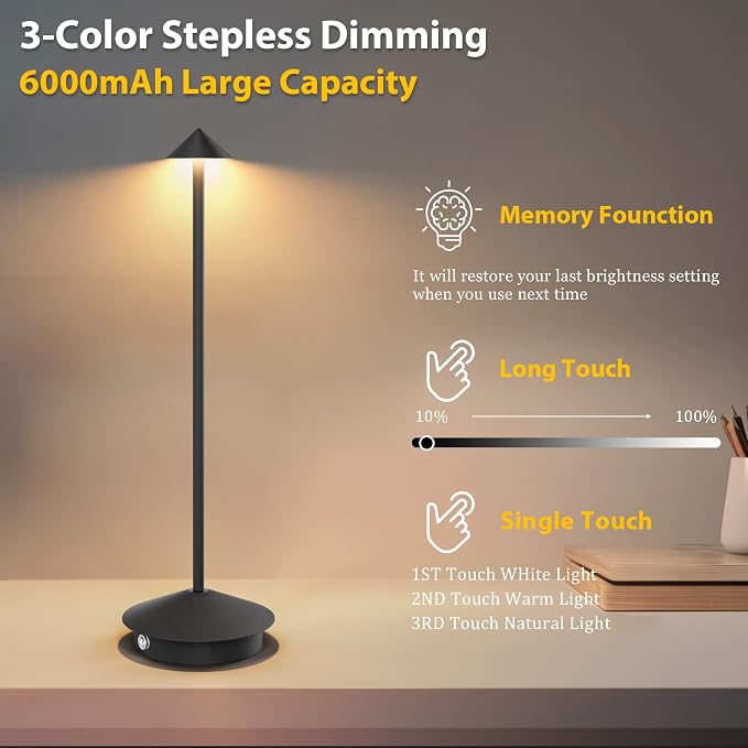 2-Pack 6000mAh Rechargeable Led Table Lamp Cordless, 3000K-6000K Stepless - Image 2